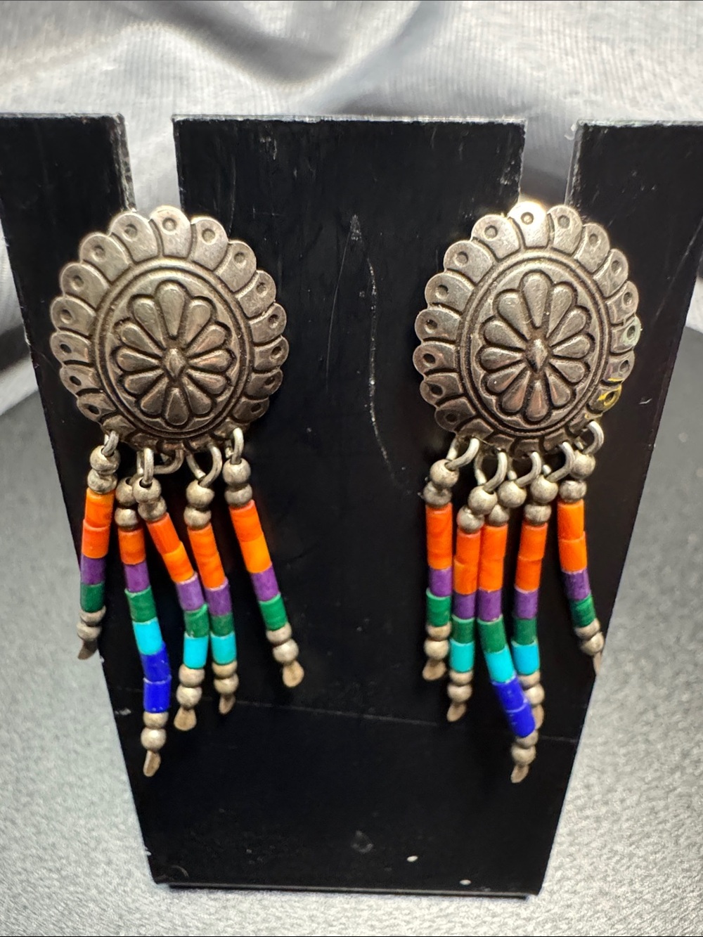 VTG Silver Floral Medallion Fringe Earrings with Multicolor Beads